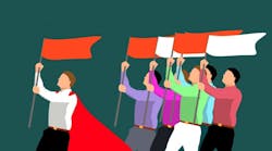 To represent leadership in a company, a person carrying a red flag leads a group of other people with flags. To represent leadership in a company, a person carrying a red flag leads a group of other people with flags.