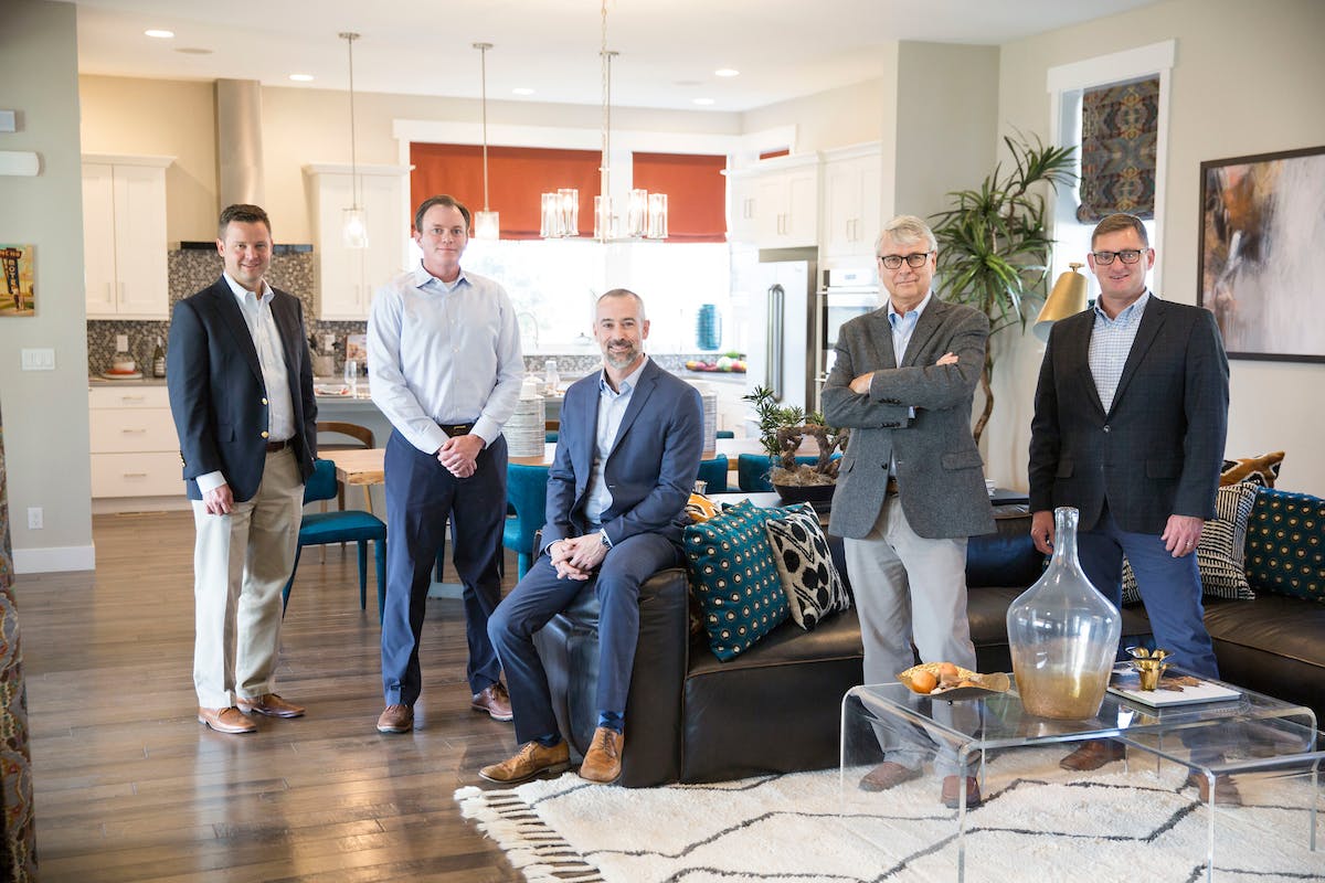 Thrive Home Builders&rsquo; top management consists of four partners and an owner. From left to right: Stephen Myers, VP process control and improvement; Jeff Seibold, CFO; Kevin Puccio, VP community development; Gene Myers, founder and CEO; and Bill Rectanus, VP of home building operations.