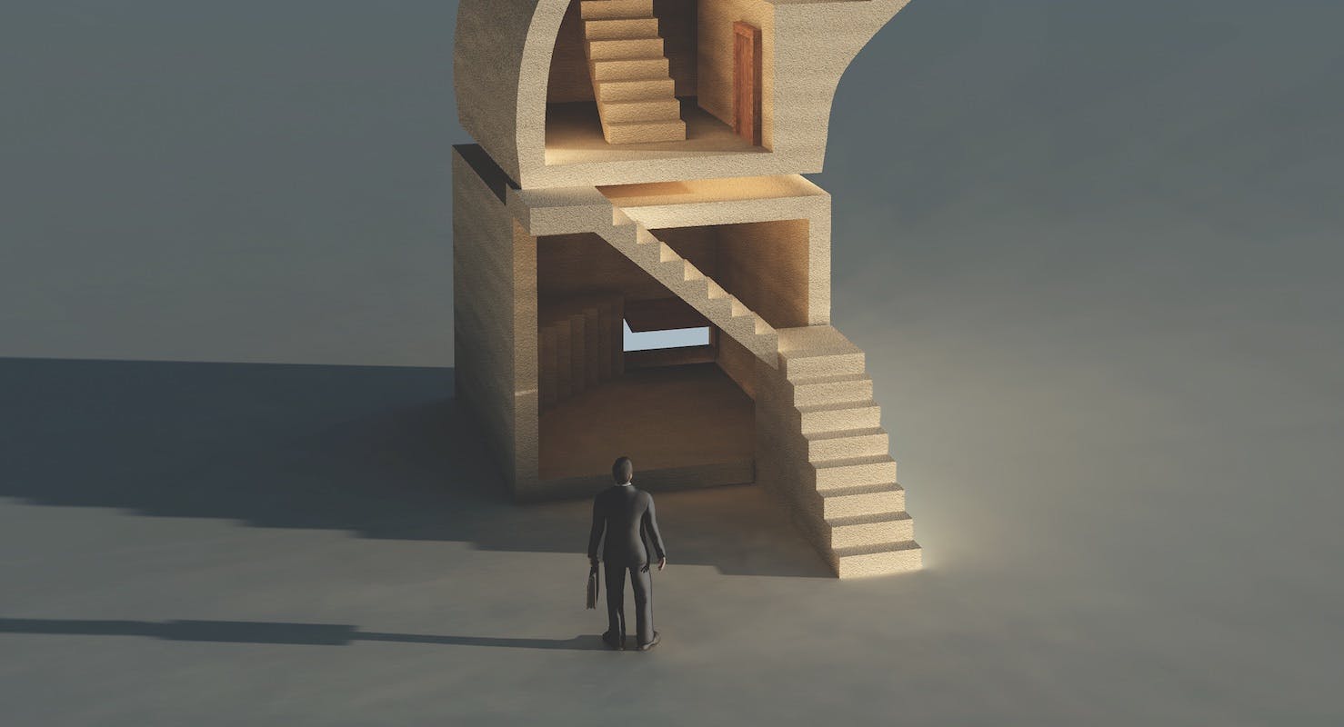 Question mark with a stairway to indicate a person considering his company's succession plan.