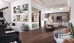 The “upside-down” floor plan for The New American Home 2021 places the entertainment hub on the top floor—a wide-open space anchored by the kitchen, bar, dining area, and great room supplemented by more intimate yet casual seating setups and a music niche. The “upside-down” floor plan for The New American Home 2021 places the entertainment hub on the top floor—a wide-open space anchored by the kitchen, bar, dining area, and great room supplemented by more intimate yet casual seating setups and a music niche.
