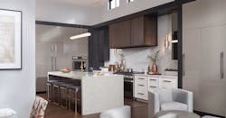 The three-level single-family home, which puts the kitchen, dining, and living areas on the topmost floor, includes four full en suite baths for the two bedrooms, the office, and exercise room, as well as a powder room adjacent to the bar on the top floor The three-level single-family home, which puts the kitchen, dining, and living areas on the topmost floor, includes four full en suite baths for the two bedrooms, the office, and exercise room, as well as a powder room adjacent to the bar on the top floor