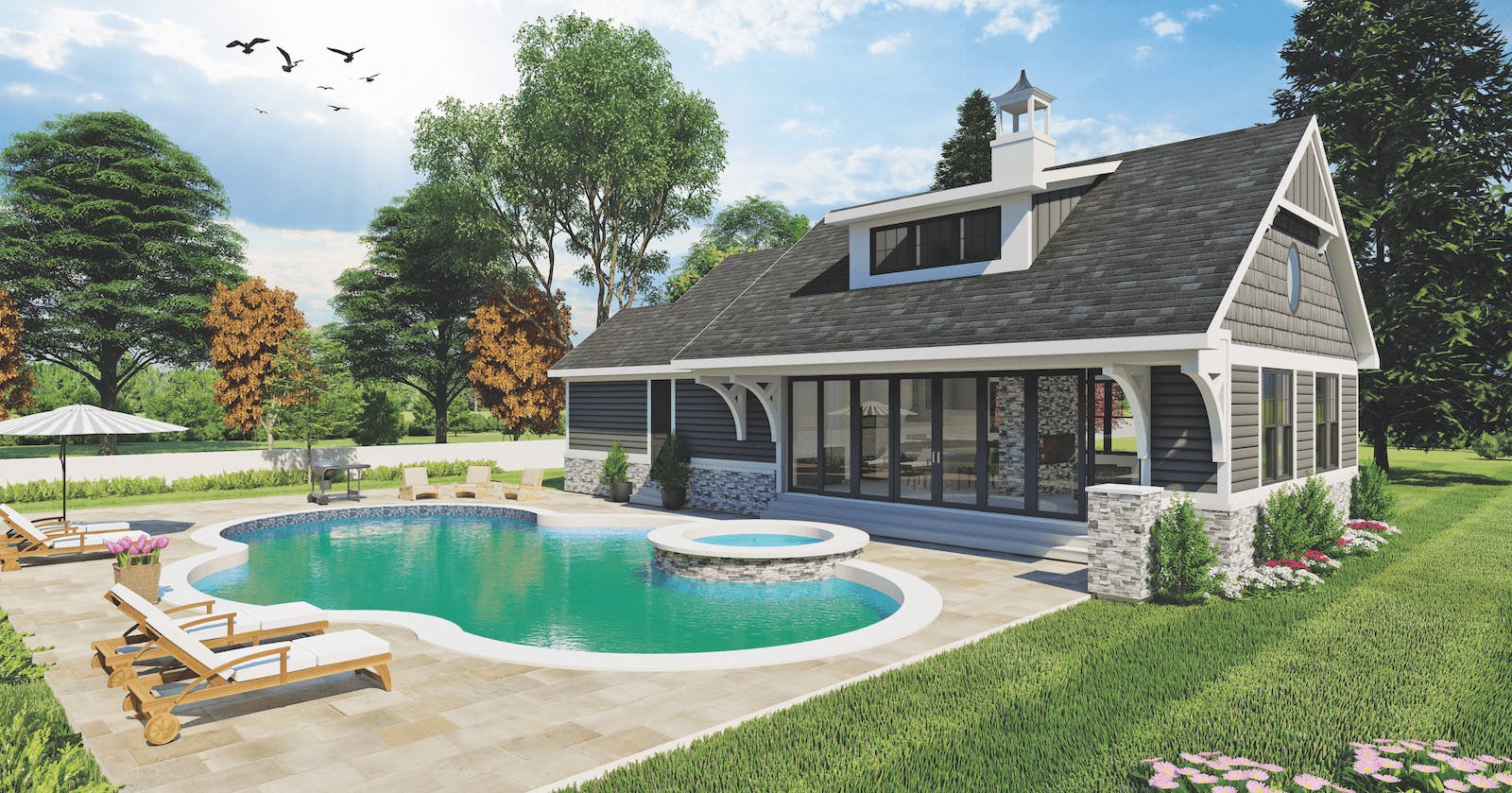 TK Design & Associates' designed this ADU, which also serves as a poolside villa. Scroll down to see the floor plan and other details. | Rendering: TK Design & Associates