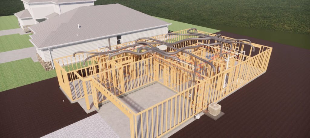 Digibilt uses Revit BIM tools to create a digital model of the house to identify any issues before the house gets built, like plumbing that would run into HVAC ducts. The virtual model also sheds light on any potential efficiencies, such as eliminating unnecessary parts.