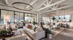 The Great Room Of The Cheval, By Forest Studio, Has A Farmhouse Vibe With White Wood Beams And A White Tongue In Groove Vaulted Ceiling