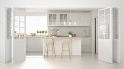 Scandinavian classic kitchen with wooden and white details, minimalistic interior design By ArchiVIZ - Adobe Stock