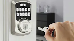 Kwikset Aura Affordable Smart Lock Exterior With Hand Key Satin Nickel
