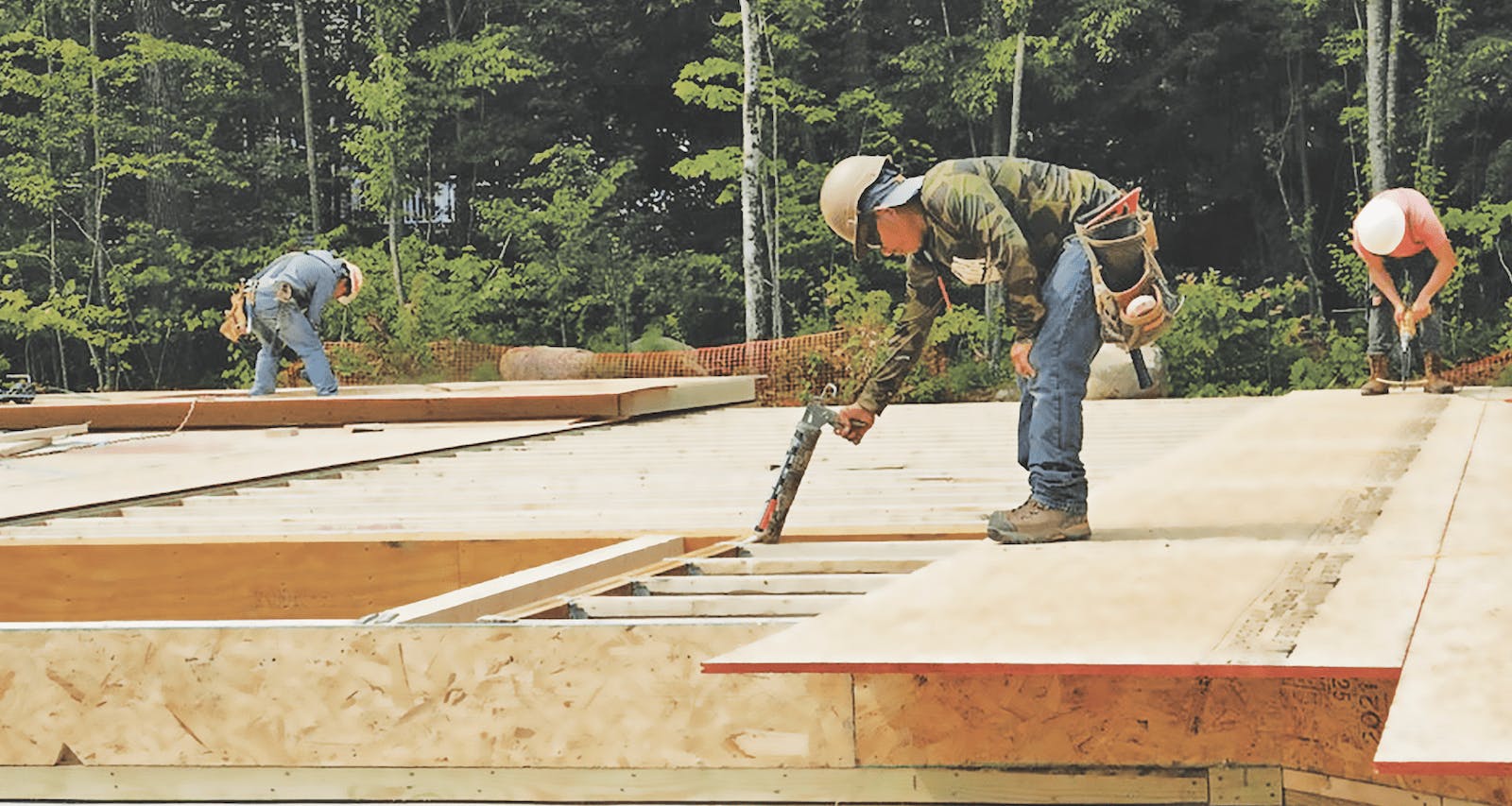 To maintain the glue&rsquo;s integrity, subfloor panels should be installed one at a time and glued to joists before fastening using manufacturer-approved screws or ring-shank nails. | Image: courtesy IBACOS