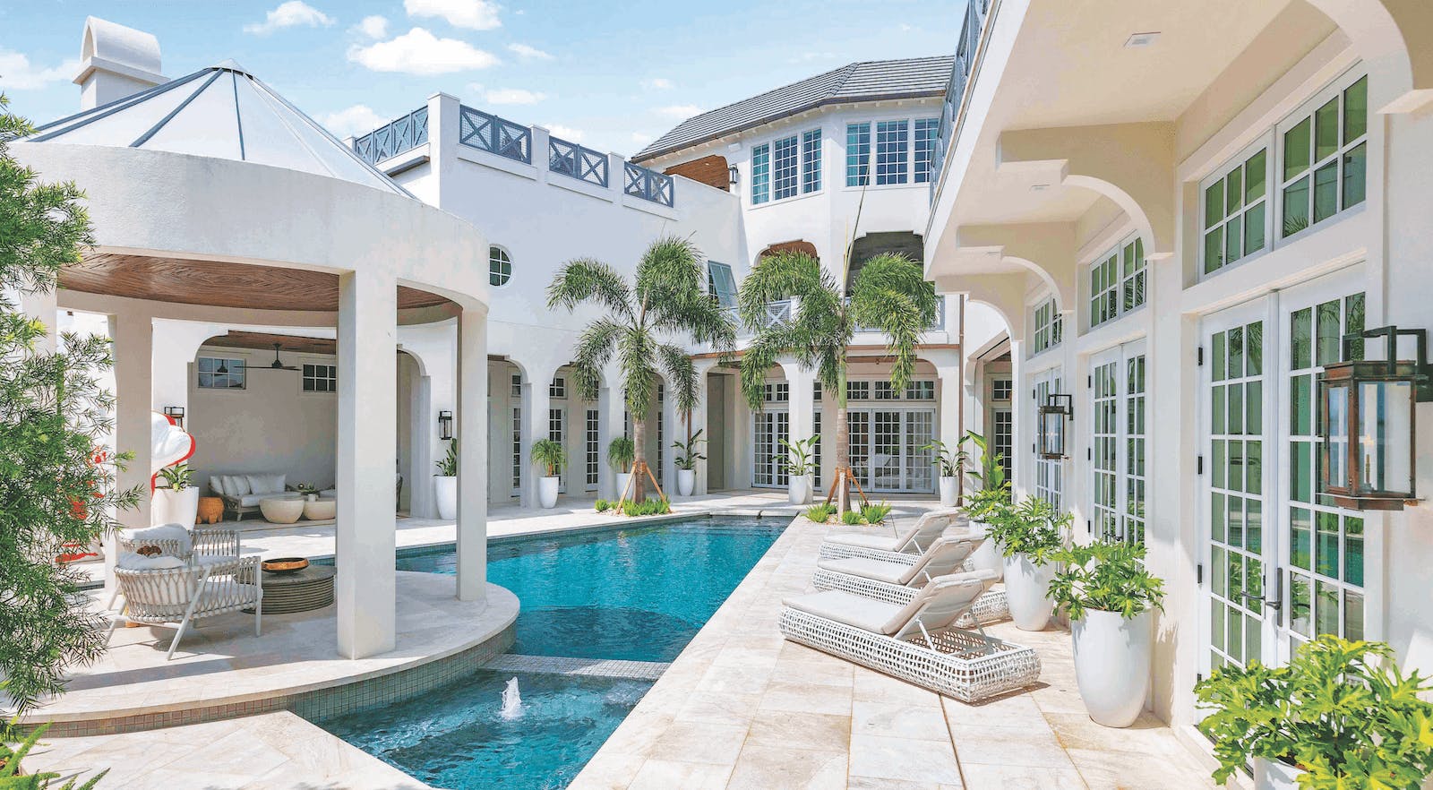 The Pearl&rsquo;s award-winning lanai (top and far left) surrounds a pool with multiple outdoor living spaces and activities, including a gazebo with a firepit.