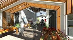 Rendering of breezeway of Commons Building at The Patch; people browsing aisles of produce Rendering of breezeway of Commons Building at The Patch; people browsing aisles of produce
