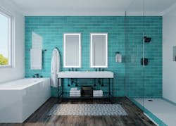 Price-Pfister aqua-toned bath with black and metallic finishes Price-Pfister aqua-toned bath with black and metallic finishes