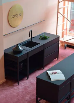 Coquo modular kitchen systems in midnight black solid white oak Coquo modular kitchen systems in midnight black solid white oak