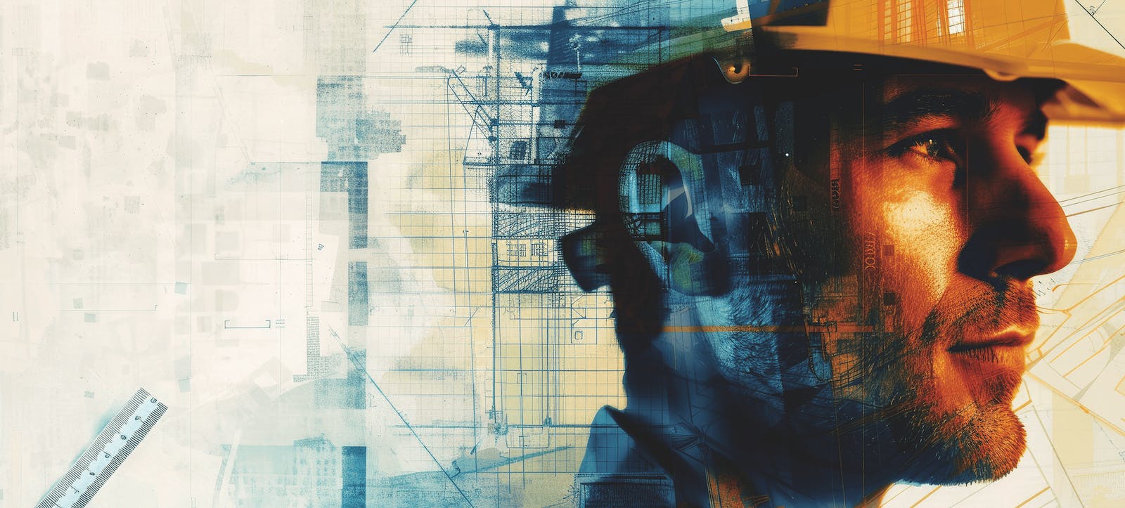 Home builder face in profile with house plans for off-site construction in the background