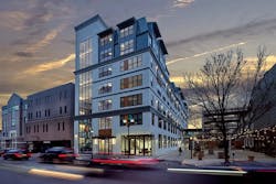 Cars speeding by an apartment building with a lot of windows Cars speeding by an apartment building with a lot of windows