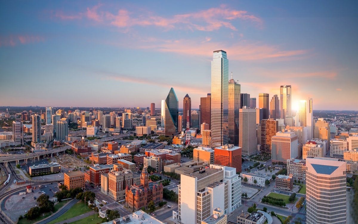Skyline view of Dallas at sunset