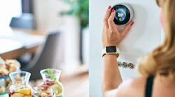 Woman turns dial on thermostat