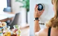 Woman turns dial on thermostat Woman turns dial on thermostat