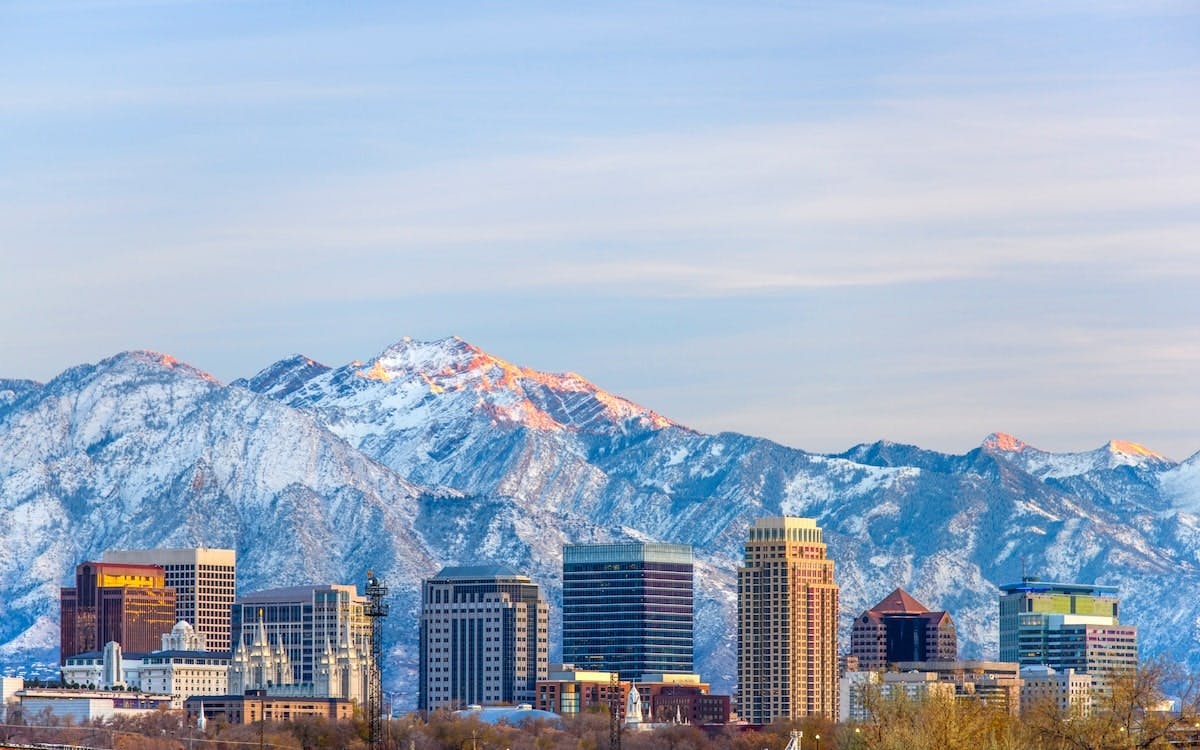 Skyline view of Salt Lake City at dusk