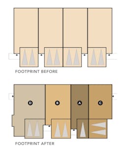 Plans for the before and after designs of varying footprint fourplexes by EDI International Plans for the before and after designs of varying footprint fourplexes by EDI International