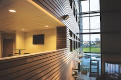 Thermory heat-treated ash siding applied on an interior Thermory heat-treated ash siding applied on an interior