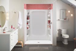 This bath/shower unit from Sterling, a Kohler company, contains abundant storage, with movable accessories such as deep bins, rimmed shelves, and soap dishes This bath/shower unit from Sterling, a Kohler company, contains abundant storage, with movable accessories such as deep bins, rimmed shelves, and soap dishes