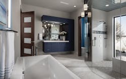 The New American Home master bath with floating vanity and blue color scheme The New American Home master bath with floating vanity and blue color scheme
