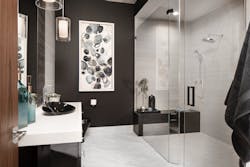 New American Home study bathroom with light-dark dramatic color scheme New American Home study bathroom with light-dark dramatic color scheme