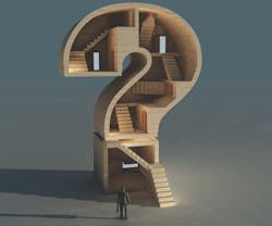Businessman planning for business succession looks into a question mark filled with stairs to an unknown destination Businessman planning for business succession looks into a question mark filled with stairs to an unknown destination