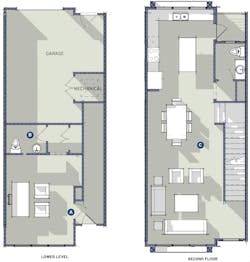 TK Design & Associates' Clair design lower-level plan and second-floor plan TK Design & Associates' Clair design lower-level plan and second-floor plan