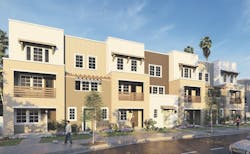 Exterior of three-story townhomes designed by Kevin L. Crook Architect Exterior of three-story townhomes designed by Kevin L. Crook Architect