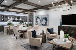 Modern farmhouse with blue hues in kitchen and living spaces Modern farmhouse with blue hues in kitchen and living spaces