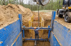 Trench box installation on a construction jobsite for trench shoring and safety Trench box installation on a construction jobsite for trench shoring and safety