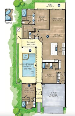 Floor plan for the Courtyard Open Concept small-lot home design by The Evans Group Floor plan for the Courtyard Open Concept small-lot home design by The Evans Group