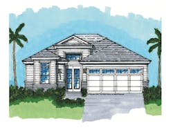 Front elevation rendering of the Courtyard Open Concept small-lot home designed by The Evans Group Front elevation rendering of the Courtyard Open Concept small-lot home designed by The Evans Group
