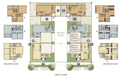 Floor plans for Kevin L. Crook Architect's on-the-boards design for a duplex cluster Floor plans for Kevin L. Crook Architect's on-the-boards design for a duplex cluster