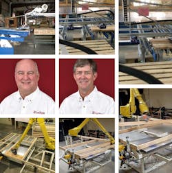 Jeff Williams and Walker Harris, co-founders of Williams Robotics, have adapted an auto assembly line robotic arm for homebuilding applications. Their robot assembles 2x4 or 2x6 stud walls ranging in height from 7 to 10 feet, while leaving rough openings for windows and doors. Images courtesy Williams Robotics Jeff Williams and Walker Harris, co-founders of Williams Robotics, have adapted an auto assembly line robotic arm for homebuilding applications. Their robot assembles 2x4 or 2x6 stud walls ranging in height from 7 to 10 feet, while leaving rough openings for windows and doors. Images courtesy Williams Robotics