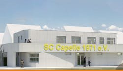 Rendering of Europe's First 3D Printed Public Building, a football clubhouse in Nordkirchen, Germany Rendering of Europe's First 3D Printed Public Building, a football clubhouse in Nordkirchen, Germany