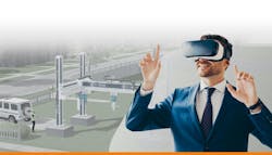 Businessman in VR headset for 3D printed homes project Businessman in VR headset for 3D printed homes project