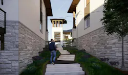 Render of man walking throw narrow foresty stairway between houses Render of man walking throw narrow foresty stairway between houses