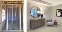 HVAC ducts inside conditioned space in the wall and a view of the finished interior HVAC ducts inside conditioned space in the wall and a view of the finished interior