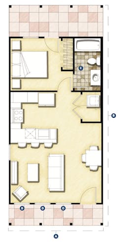 Floor plan for DTJ Design's Cottage Plan, a single-family build-to-rent design Floor plan for DTJ Design's Cottage Plan, a single-family build-to-rent design