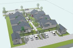 Rendering showing site plan of the 55+ Cottages single-family build-to-rent design by Larry Garnett Rendering showing site plan of the 55+ Cottages single-family build-to-rent design by Larry Garnett