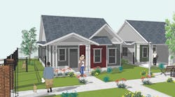 Rendering showing exteriors of the 55+ Cottages single-family build-to-rent design by Larry Garnett Rendering showing exteriors of the 55+ Cottages single-family build-to-rent design by Larry Garnett