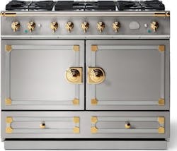 Lacornue cornufe 110 dual fuel range stainless steel with stainless steel polished brass trim Lacornue cornufe 110 dual fuel range stainless steel with stainless steel polished brass trim