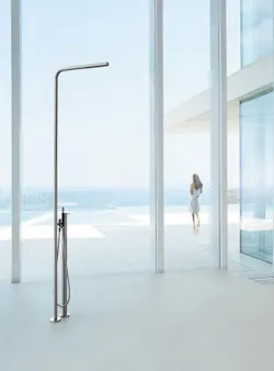 Vola FS3 Freestanding Showerpipe spa with handshower glass wall bathroom Vola FS3 Freestanding Showerpipe spa with handshower glass wall bathroom