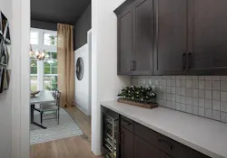 Kitchen and dining with dark gray walls Kitchen and dining with dark gray walls