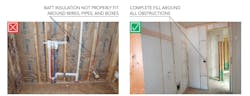 Improper versus proper insulation fill around pipes, wires, electrical Improper versus proper insulation fill around pipes, wires, electrical