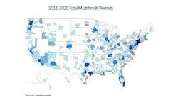 U.S. map showing growth for multifamily construction permits U.S. map showing growth for multifamily construction permits