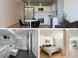 collage of kitchen, bedroom, and bathroom of Cassette modular apartment unit collage of kitchen, bedroom, and bathroom of Cassette modular apartment unit