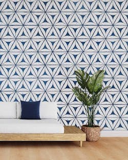 Blue patterned tile with tan flooring Blue patterned tile with tan flooring