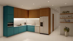 SYMBI Homes Duplex Project Rendering Kitchen Green Cabinets SYMBI Homes Duplex Project Rendering Kitchen Green Cabinets